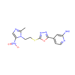 Cc1ncc([N+](=O)[O-])n1CCSc1nnc(-c2ccnc(N)c2)o1 ZINC000095601744