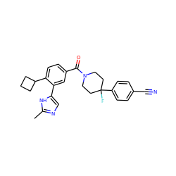 Cc1ncc(-c2cc(C(=O)N3CCC(F)(c4ccc(C#N)cc4)CC3)ccc2C2CCC2)[nH]1 ZINC000149358584