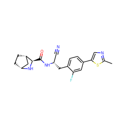 Cc1ncc(-c2ccc(C[C@@H](C#N)NC(=O)[C@H]3N[C@@H]4CC[C@H]3C4)c(F)c2)s1 ZINC000219309520