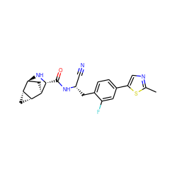 Cc1ncc(-c2ccc(C[C@@H](C#N)NC(=O)[C@H]3N[C@H]4C[C@@H]3[C@@H]3C[C@H]43)c(F)c2)s1 ZINC000219319327