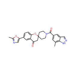 Cc1ncc(-c2ccc3c(c2)C(=O)CC2(CCN(C(=O)c4cc(C)c5[nH]ncc5c4)CC2)O3)o1 ZINC000049068385