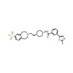 Cc1ncc(-c2cccc(C(=O)N[C@H]3CC[C@H](CCN4CCc5ccc(S(C)(=O)=O)cc5CC4)CC3)c2)o1 ZINC000299846171