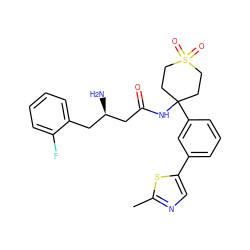 Cc1ncc(-c2cccc(C3(NC(=O)C[C@H](N)Cc4ccccc4F)CCS(=O)(=O)CC3)c2)s1 ZINC000095561991