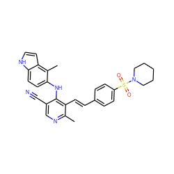 Cc1ncc(C#N)c(Nc2ccc3[nH]ccc3c2C)c1/C=C/c1ccc(S(=O)(=O)N2CCCCC2)cc1 ZINC000049109413