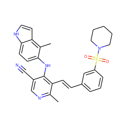 Cc1ncc(C#N)c(Nc2ccc3[nH]ccc3c2C)c1/C=C/c1cccc(S(=O)(=O)N2CCCCC2)c1 ZINC000049021937