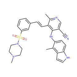 Cc1ncc(C#N)c(Nc2ccc3[nH]ccc3c2C)c1/C=C/c1cccc(S(=O)(=O)N2CCN(C)CC2)c1 ZINC000049089321