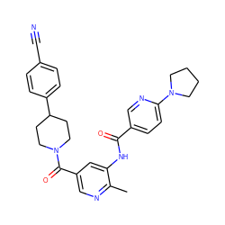 Cc1ncc(C(=O)N2CCC(c3ccc(C#N)cc3)CC2)cc1NC(=O)c1ccc(N2CCCC2)nc1 ZINC000150197793