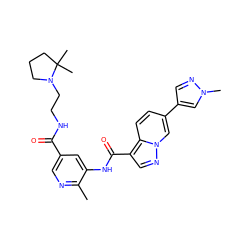 Cc1ncc(C(=O)NCCN2CCCC2(C)C)cc1NC(=O)c1cnn2cc(-c3cnn(C)c3)ccc12 ZINC000142479906