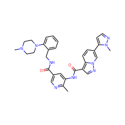 Cc1ncc(C(=O)NCc2ccccc2N2CCN(C)CC2)cc1NC(=O)c1cnn2cc(-c3ccnn3C)ccc12 ZINC000142433029