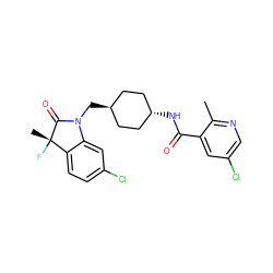 Cc1ncc(Cl)cc1C(=O)N[C@H]1CC[C@H](CN2C(=O)[C@@](C)(F)c3ccc(Cl)cc32)CC1 ZINC000653678290