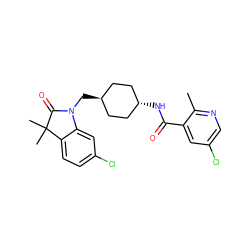 Cc1ncc(Cl)cc1C(=O)N[C@H]1CC[C@H](CN2C(=O)C(C)(C)c3ccc(Cl)cc32)CC1 ZINC000653676814