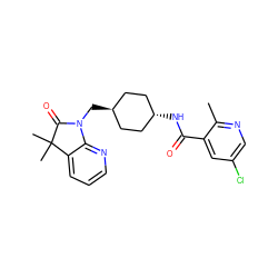 Cc1ncc(Cl)cc1C(=O)N[C@H]1CC[C@H](CN2C(=O)C(C)(C)c3cccnc32)CC1 ZINC000653682409