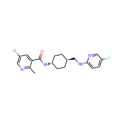 Cc1ncc(Cl)cc1C(=O)N[C@H]1CC[C@H](CNc2ccc(F)cn2)CC1 ZINC000261101637