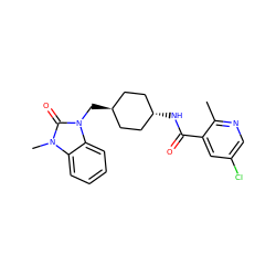 Cc1ncc(Cl)cc1C(=O)N[C@H]1CC[C@H](Cn2c(=O)n(C)c3ccccc32)CC1 ZINC000653666586