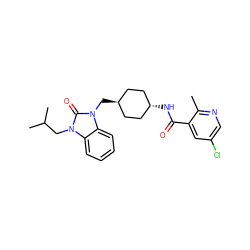 Cc1ncc(Cl)cc1C(=O)N[C@H]1CC[C@H](Cn2c(=O)n(CC(C)C)c3ccccc32)CC1 ZINC000653678259