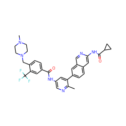 Cc1ncc(NC(=O)c2ccc(CN3CCN(C)CC3)c(C(F)(F)F)c2)cc1-c1ccc2cc(NC(=O)C3CC3)ncc2c1 ZINC000144354975