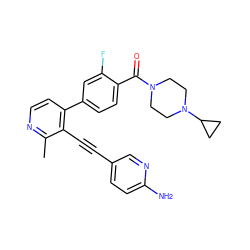 Cc1nccc(-c2ccc(C(=O)N3CCN(C4CC4)CC3)c(F)c2)c1C#Cc1ccc(N)nc1 ZINC000202387315