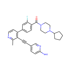 Cc1nccc(-c2ccc(C(=O)N3CCN(C4CCCC4)CC3)c(F)c2)c1C#Cc1ccc(N)nc1 ZINC000202384993