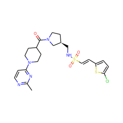 Cc1nccc(N2CCC(C(=O)N3CC[C@@H](CNS(=O)(=O)/C=C/c4ccc(Cl)s4)C3)CC2)n1 ZINC000028956082