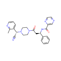 Cc1ncccc1[C@@H](C#N)N1CCN(C(=O)C[C@@H](NC(=O)c2cnccn2)c2ccccc2)CC1 ZINC000013833285