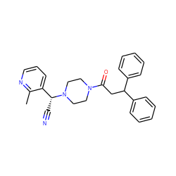 Cc1ncccc1[C@@H](C#N)N1CCN(C(=O)CC(c2ccccc2)c2ccccc2)CC1 ZINC000013833150