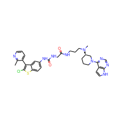 Cc1ncccc1-c1c(Cl)sc2ccc(NC(=O)NCC(=O)NCCCN(C)[C@@H]3CCCN(c4ncnc5[nH]ccc45)C3)cc12 ZINC001772572733