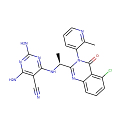 Cc1ncccc1-n1c([C@H](C)Nc2nc(N)nc(N)c2C#N)nc2cccc(Cl)c2c1=O ZINC000220853498