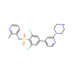 Cc1ncccc1NS(=O)(=O)c1c(Cl)cc(-c2ccnc(N3CCNCC3)c2)cc1Cl ZINC000117311794