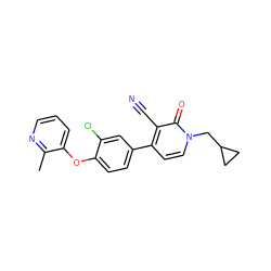 Cc1ncccc1Oc1ccc(-c2ccn(CC3CC3)c(=O)c2C#N)cc1Cl ZINC000084669959