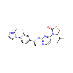 Cc1nccn1-c1ccc([C@H](C)Nc2nccc(N3C(=O)OC[C@@H]3C(C)C)n2)cc1F ZINC000142087409