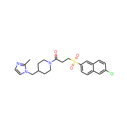 Cc1nccn1CC1CCN(C(=O)CCS(=O)(=O)c2ccc3cc(Cl)ccc3c2)CC1 ZINC000040917743