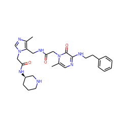 Cc1ncn(CC(=O)N[C@@H]2CCCNC2)c1CNC(=O)Cn1c(C)cnc(NCCc2ccccc2)c1=O ZINC000029125580