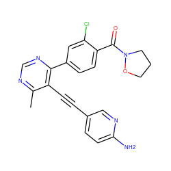 Cc1ncnc(-c2ccc(C(=O)N3CCCO3)c(Cl)c2)c1C#Cc1ccc(N)nc1 ZINC000148957559