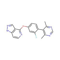 Cc1ncnc(C)c1-c1ccc(Oc2nccc3[nH]ncc23)cc1F ZINC000144604896