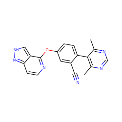 Cc1ncnc(C)c1-c1ccc(Oc2nccc3n[nH]cc23)cc1C#N ZINC000169705978