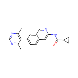 Cc1ncnc(C)c1-c1ccc2cc(NC(=O)C3CC3)ncc2c1 ZINC000169699964