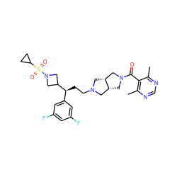 Cc1ncnc(C)c1C(=O)N1C[C@@H]2CN(CC[C@@H](c3cc(F)cc(F)c3)C3CN(S(=O)(=O)C4CC4)C3)C[C@@H]2C1 ZINC000064513920