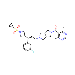 Cc1ncnc(C)c1C(=O)N1C[C@@H]2CN(CC[C@@H](c3cccc(F)c3)C3CN(S(=O)(=O)C4CC4)C3)C[C@@H]2C1 ZINC000064512277