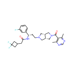 Cc1ncnc(C)c1C(=O)N1C[C@@H]2CN(CC[C@H](NC(=O)CC3CC(F)(F)C3)c3cccc(F)c3)C[C@@H]2C1 ZINC000049784287