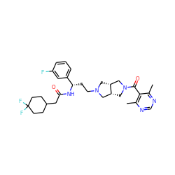 Cc1ncnc(C)c1C(=O)N1C[C@@H]2CN(CC[C@H](NC(=O)CC3CCC(F)(F)CC3)c3cccc(F)c3)C[C@@H]2C1 ZINC000049803145