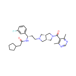 Cc1ncnc(C)c1C(=O)N1C[C@@H]2CN(CC[C@H](NC(=O)CC3CCCC3)c3cccc(F)c3)C[C@@H]2C1 ZINC000049113148