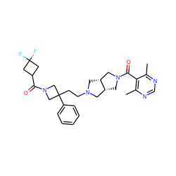 Cc1ncnc(C)c1C(=O)N1C[C@@H]2CN(CCC3(c4ccccc4)CN(C(=O)C4CC(F)(F)C4)C3)C[C@@H]2C1 ZINC000045350319