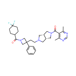 Cc1ncnc(C)c1C(=O)N1C[C@@H]2CN(CCC3(c4ccccc4)CN(C(=O)C4CCC(F)(F)CC4)C3)C[C@@H]2C1 ZINC000049756292