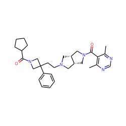 Cc1ncnc(C)c1C(=O)N1C[C@@H]2CN(CCC3(c4ccccc4)CN(C(=O)C4CCCC4)C3)C[C@@H]2C1 ZINC000045348195