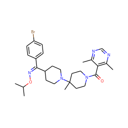 Cc1ncnc(C)c1C(=O)N1CCC(C)(N2CCC(/C(=N\OC(C)C)c3ccc(Br)cc3)CC2)CC1 ZINC000027522616