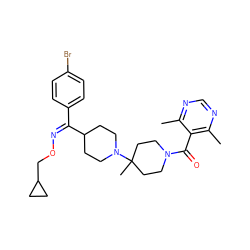 Cc1ncnc(C)c1C(=O)N1CCC(C)(N2CCC(/C(=N\OCC3CC3)c3ccc(Br)cc3)CC2)CC1 ZINC000027518832