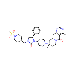 Cc1ncnc(C)c1C(=O)N1CCC(C)(N2CCC(N3C(=O)N(CC4CCN(S(C)(=O)=O)CC4)C[C@H]3c3ccccc3)CC2)CC1 ZINC000049793756