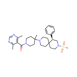 Cc1ncnc(C)c1C(=O)N1CCC(C)(N2CCC3(CC2)CCN(S(C)(=O)=O)C[C@@H]3c2ccccc2)CC1 ZINC000040875098