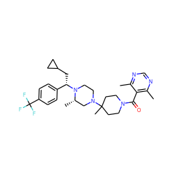 Cc1ncnc(C)c1C(=O)N1CCC(C)(N2CCN([C@@H](CC3CC3)c3ccc(C(F)(F)F)cc3)[C@@H](C)C2)CC1 ZINC000026466845