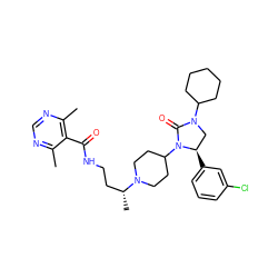 Cc1ncnc(C)c1C(=O)NCC[C@@H](C)N1CCC(N2C(=O)N(C3CCCCC3)C[C@H]2c2cccc(Cl)c2)CC1 ZINC000096285369